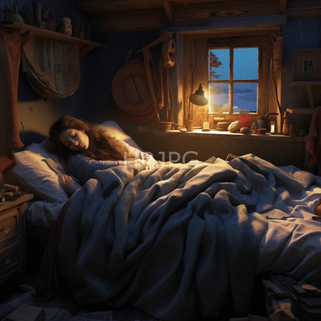 High Resolution: Ethereal dim-lit bedroom at night features a young woman sleeping on her side in bed under thick blue blankets with a small lamp beside the window download. | HRJPG.com