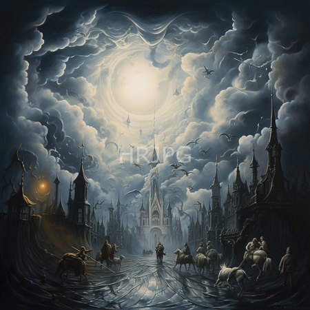 High Resolution: Eerie moonlit cityscape with Gothic spires and dark clouds swirling around a glowing full moon with silhouetted figures on horseback leading white dogs download. | HRJPG.com