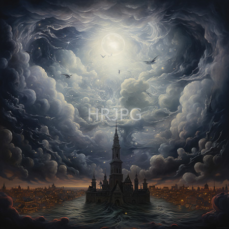High Resolution: Eerie dark night scene features a Gothic castle with tall spires on turbulent waters surrounded by swirling clouds and an illuminated cityscape download. | HRJPG.com