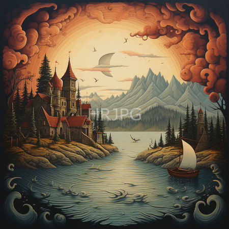 High Resolution: Enchanting fantasy-style landscape with medieval castle-like buildings on rocky islands surrounded by calm waters and pine trees download. | HRJPG.com
