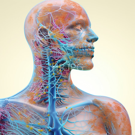 High Resolution: Anatomically detailed human head and upper torso in profile showcases transparent skin revealing blue veins pink arteries and yellow capillaries download. | HRJPG.com