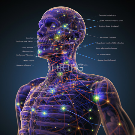 High Resolution: Anatomically detailed human head and upper torso highlights various neural pathways in vibrant colors against a dark background download. | HRJPG.com