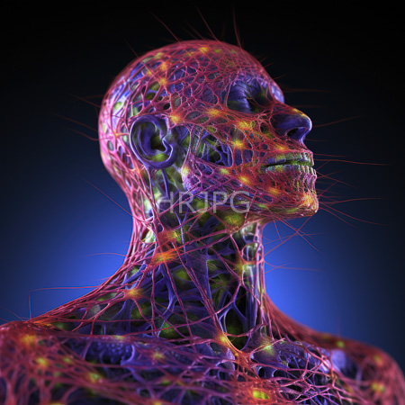 High Resolution: Anatomically detailed human head and neck viewed in profile semi-transparent with vibrant red nerve networks overlaying green skeletal structures download. | HRJPG.com
