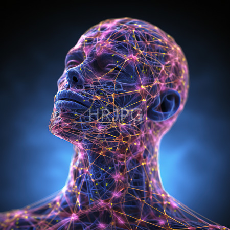 High Resolution: Abstract blue-toned human head and neck covered in glowing pinkish-purple network lines resembling neurons or circuitry against a dark background download. | HRJPG.com