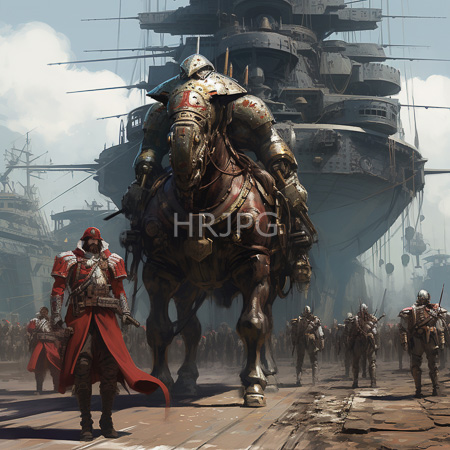 High Resolution: Armored elephant warrior with intricate metallic armor and red accents leading soldiers on docked warships in steampunk style download. | HRJPG.com