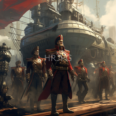High Resolution: Five stern armored soldiers in red and gold uniforms with tall hats stand on an industrial ship deck amidst foggy air and large metallic structures download. | HRJPG.com