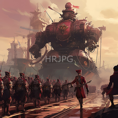 High Resolution: Industrial steampunk-style scene with a towering mechanical giant in red armor surrounded by soldiers wearing matching uniforms on a wet cobblestone street download. | HRJPG.com