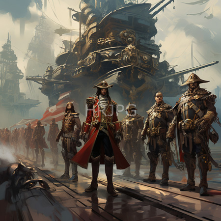 High Resolution: Elaborate steampunk-style naval scene features six male characters in ornate military uniforms with tricorn hats standing before massive galleon ships download. | HRJPG.com