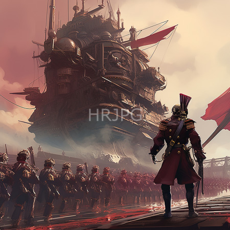 High Resolution: Imposing steampunk-style warship with intricate metalwork in a foggy background foreground features a commanding officer in an ornate red military uniform download. | HRJPG.com
