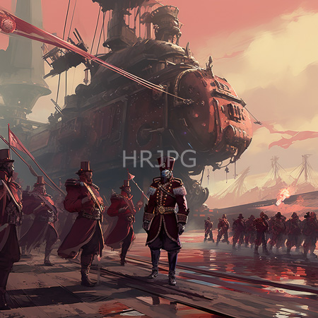High Resolution: Industrial steampunk-style scene with soldiers in red coats and black top hats standing on wet cobblestones before a massive airship at sunset download. | HRJPG.com