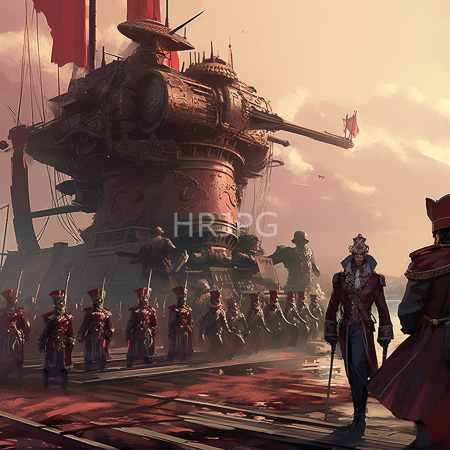High Resolution: Elaborate steampunk naval scene at sunset features an ornate mechanical warship with red flags and uniformed soldiers lining up on deck download. | HRJPG.com