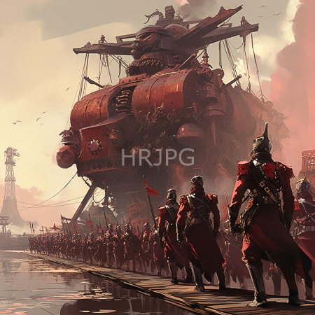 High Resolution: Industrial steampunk-style battle scene with a towering mechanical warship in the background and soldiers clad in red and black uniforms marching download. | HRJPG.com