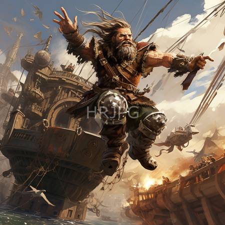 High Resolution: Intense battle scene on floating ships in cloudy skies with a muscular bearded man leaping mid-air wearing rugged armor amidst explosions download. | HRJPG.com