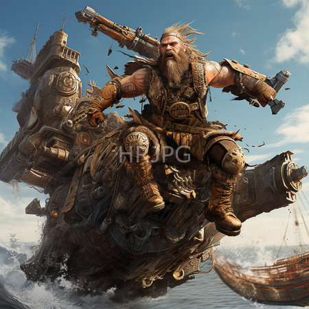 High Resolution: Imposing muscular bearded man with wild hair rides atop a massive steampunk ship amidst turbulent waters wielding oversized cannons download. | HRJPG.com