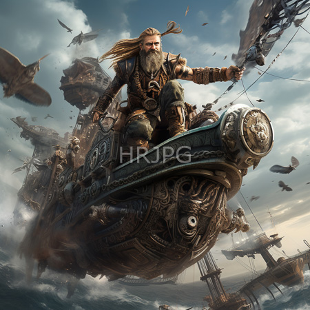 High Resolution: Elderly bearded man with long blonde hair wearing ornate medieval armor and wielding swords while riding a mechanical sea vessel amidst turbulent skies download. | HRJPG.com