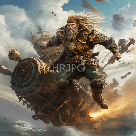 High Resolution: Elderly bearded man with long blonde hair and intense expression rides atop a massive steampunk warship amidst turbulent skies adorned in ornate golden armor download. | HRJPG.com