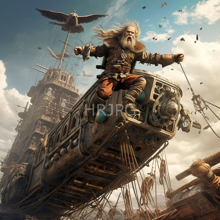 High Resolution: Elderly bearded man with long white hair and fur-trimmed clothing leaping from a steampunk airship against a cloudy sky backdrop download. | HRJPG.com