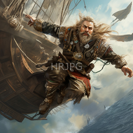 High Resolution: Elderly bearded man with long white hair leaping from his ship's deck against cloudy skies and ocean waves wearing ornate medieval-style armor download. | HRJPG.com