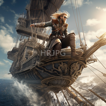 High Resolution: Adventurous white-haired man with wild hair and beard standing confidently on ornate ship rigging against turbulent ocean waves download. | HRJPG.com