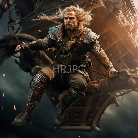 High Resolution: Photorealistic intense bearded Viking warrior with long blonde hair and fur-trimmed armor riding on intricate wooden ship rigging download. | HRJPG.com