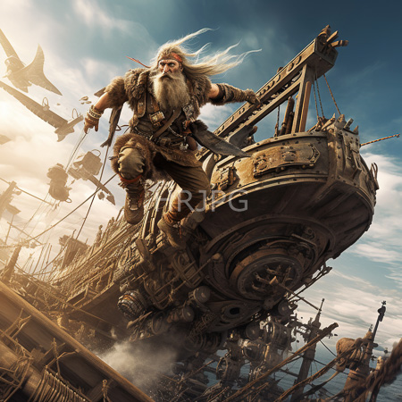 High Resolution: Elderly bearded man with long white hair leaping from a massive steampunk airship adorned with intricate gears and metalwork against a bright blue sky download. | HRJPG.com