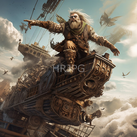 High Resolution: Elderly bearded man with white hair and intricate tattoos riding atop ornate steampunk machinery in mid-air against cloudy skies download. | HRJPG.com