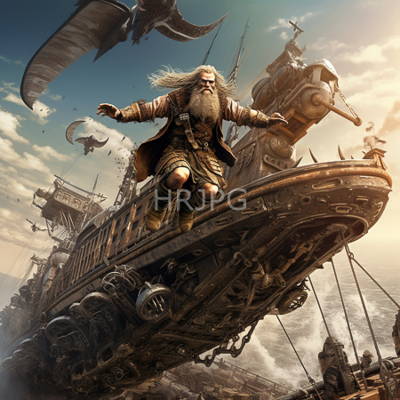 High Resolution: Highly detailed elderly bearded man with long white hair leaping from a massive steampunk airship adorned with intricate gears and metalwork download. | HRJPG.com