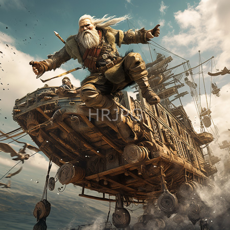 High Resolution: Elderly bearded man with white hair and long beard riding atop a wooden airship against a cloudy sky backdrop wearing rugged clothing download. | HRJPG.com