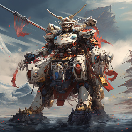 High Resolution: Imposing white and red mecha warrior with gold horns standing in turbulent water under cloudy skies wielding a long polearm download. | HRJPG.com