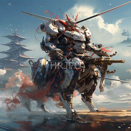 High Resolution: Intricate humanoid mech warrior with red and white armor standing on one leg against a cloudy sky featuring traditional East Asian pagodas download. | HRJPG.com