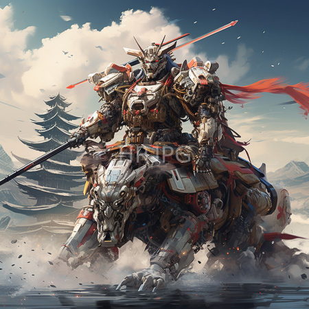 High Resolution: Imposing humanoid mecha warrior with intricate armor and red accents standing on four mechanical legs in misty terrain beside traditional Japanese pagoda-style trees download. | HRJPG.com