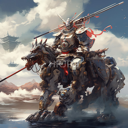 High Resolution: Armored humanoid warrior riding on a mechanical dragon-like creature flying in wind against a cloudy sky backdrop featuring traditional East Asian pagodas download. | HRJPG.com