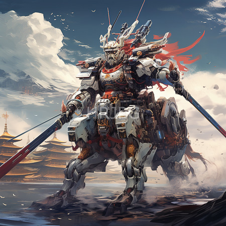 High Resolution: Imposing white and red mecha warrior with intricate armor details standing on rocky terrain wielding two long swords against traditional Japanese pagodas download. | HRJPG.com
