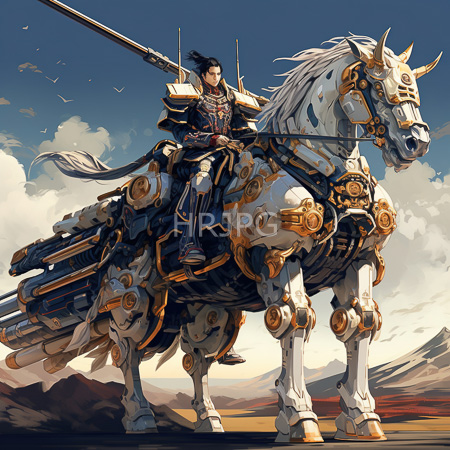 High Resolution: Armored dark-haired warrior riding a white mechanical horse with gold accents and intricate details against a cloudy sky backdrop download. | HRJPG.com