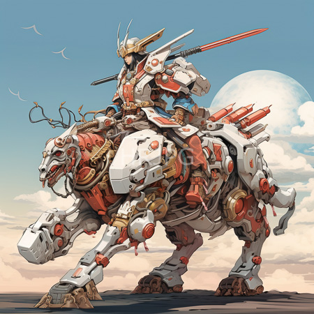 High Resolution: Armored humanoid warrior riding on top of a large mechanical quadruped with intricate red and white armor details against a clear blue sky download. | HRJPG.com