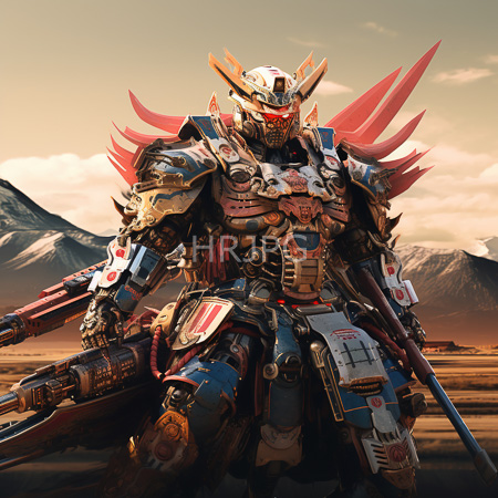 High Resolution: Imposing heavily armored warrior with intricate metallic and leather armor and red accents stands under a sunset sky holding large weapons download. | HRJPG.com