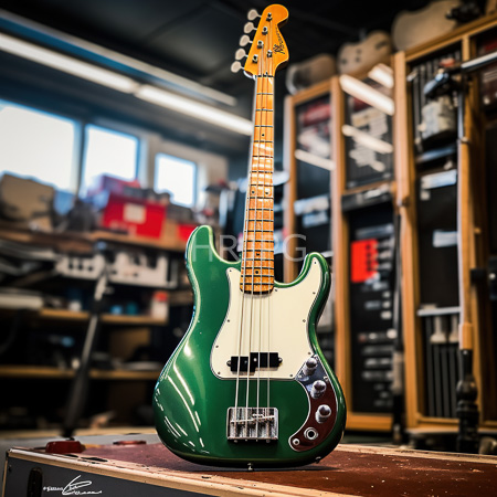 High Resolution: Electric guitar with a green body and white pickguard stands on a wooden workbench in a cluttered music workshop with audio equipment shelves download. | HRJPG.com