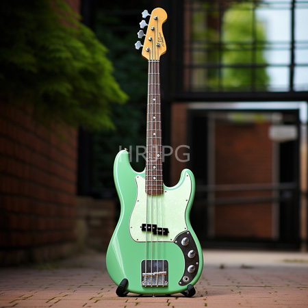 High Resolution: Electric guitar with a mint green body and white pickguard stands on brick pavement outdoors against a blurred red-brick building entrance download. | HRJPG.com