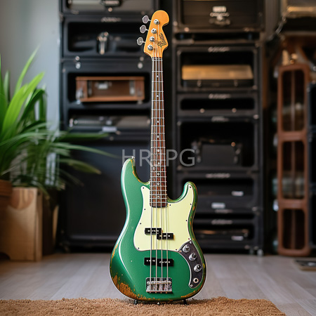 High Resolution: Electric guitar with a green and cream body stands on a wooden floor in a front room with black shelving units filled with audio equipment download. | HRJPG.com