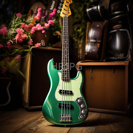 High Resolution: Electric guitar with a green and cream-colored body stands on a wooden floor in dim lighting with potted pink flowers nearby download. | HRJPG.com