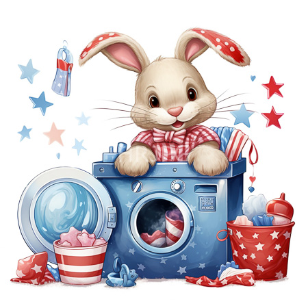 High Resolution: Adorable beige bunny with pink inner ears and a red polka-dot bow tie peeks from inside a blue washing machine adorned with stars download. | HRJPG.com