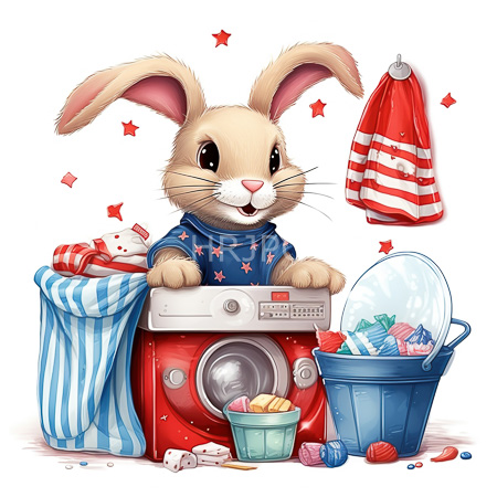 High Resolution: Adorable beige bunny with large pink ears and black eyes wearing blue star-patterned pajamas stands in front of a red washing machine filled with socks download. | HRJPG.com