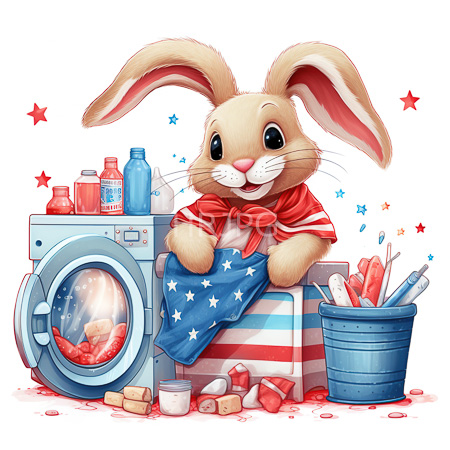 High Resolution: Adorable anthropomorphic bunny with beige fur and large pink ears wearing a red bandana holds up an American flag-patterned cloth download. | HRJPG.com