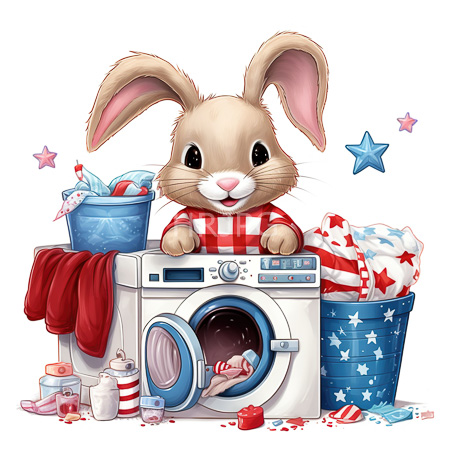 High Resolution: Adorable light-brown bunny wearing a red-and-white checkered shirt sits on top of a front-loading washing machine filled with colorful laundry download. | HRJPG.com