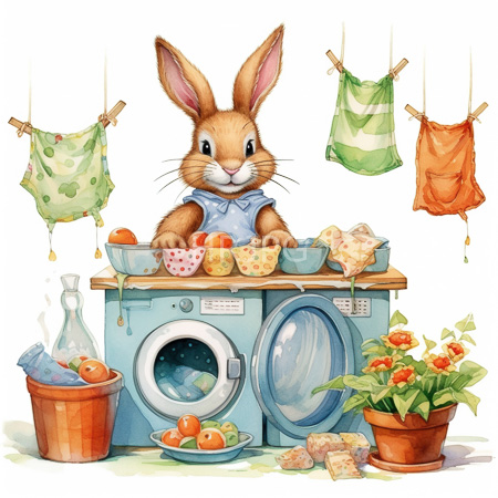 High Resolution: Whimsical watercolor illustration of an anthropomorphic rabbit in a blue apron washing colorful eggs and cloths on front-loading washer-dryers download. | HRJPG.com