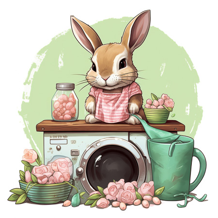 High Resolution: Anthropomorphic rabbit with brown and white fur wearing a pink checkered shirt sits on top of a vintage washing machine filled with roses download. | HRJPG.com