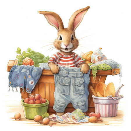 High Resolution: Whimsical illustration depicts an anthropomorphic rabbit with brown fur and large ears wearing a striped shirt under blue overalls behind wooden crates of vegetables download. | HRJPG.com