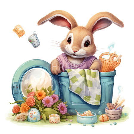 High Resolution: Adorable brown-furred bunny wearing purple pajamas sits in a blue laundry basket filled with orange straws and a green-checkered cloth download. | HRJPG.com
