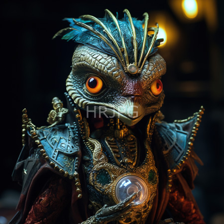High Resolution: Photorealistic anthropomorphic bird-like creature with golden and blue armor adorned in feathers and large orange eyes against scaly skin download. | HRJPG.com