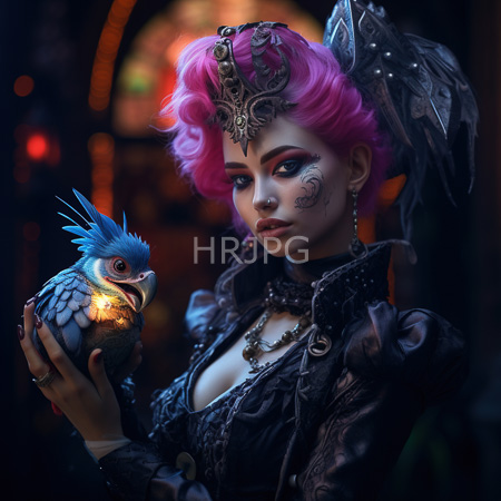 High Resolution: Ethereal Gothic woman with pink hair and an elaborate feathered headdress holds a vibrant blue bird against her chest in dim lighting download. | HRJPG.com